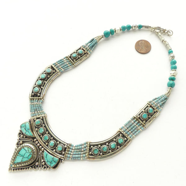 Tibetan, Contemporary Collar, Silver, White Metal and Turquoise, 20 inches