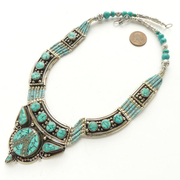 Tibetan, Contemporary Collar, Silver, White Metal and Turquoise