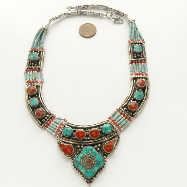 Tibetan, Contemporary Collar, White Metal with Turquoise and Faux Coral, 20 inches