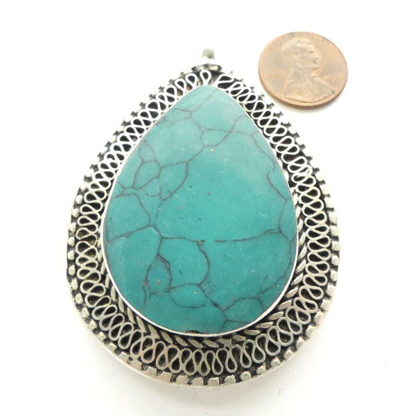 Afghan, Contemporary Pendants, Drop Shape with Turquoise Stone, 2.5 inches tall