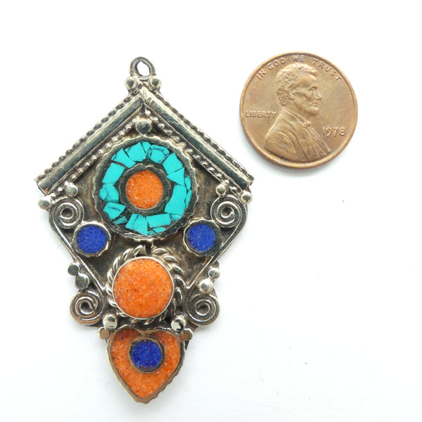 Himalayan Pendant with Coral, Turquoise and Lapis Inlay