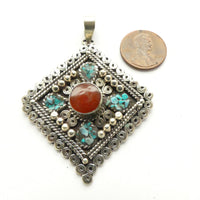 Himalayan White Metal Pendant, Diamond 2.5 inches long with Turquoise and Coral