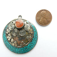 Himalayan Inlay Pendant, White Metal and Stone Chips
