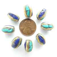 Himalayan Brass Beads Indaid with Turquoise and Lapis, 12x9mm. Sold Individually