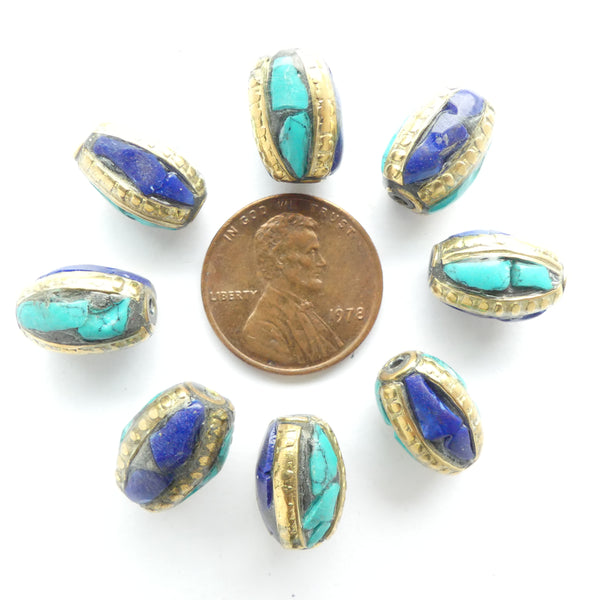 Himalayan Brass Beads Indaid with Turquoise and Lapis, 12x9mm. Sold Individually
