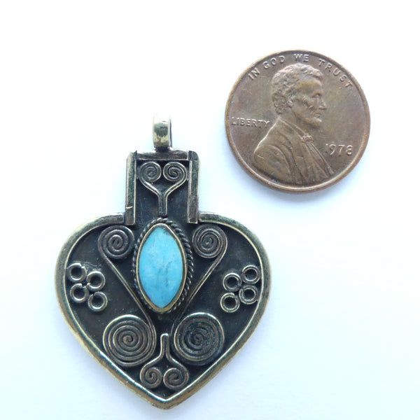 Turkoman, Mini Heart-Shaped Pendant with Turquoise, 38mm long