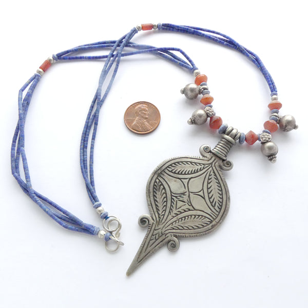 White Metal Afghan Pendant Necklace with 3 Strands of 2mm Lapis