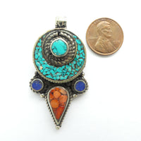 Himalayan Pendant, White Metal With Stone Chip Inlay, 50mm long