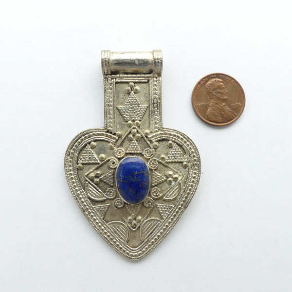 Turkoman New Heart-Shaped Pendant with Lapis, 2x3 inches