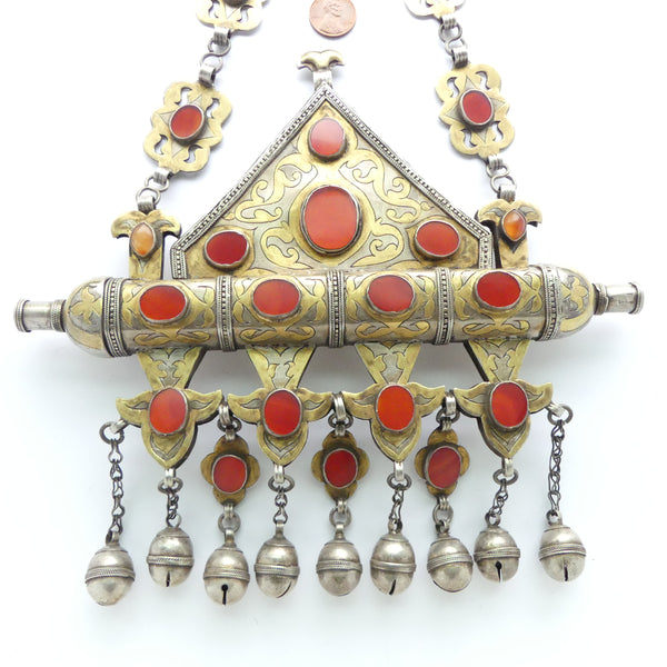 Turkoman Amulet Holder, Fire-gilded Silver with Carnelians