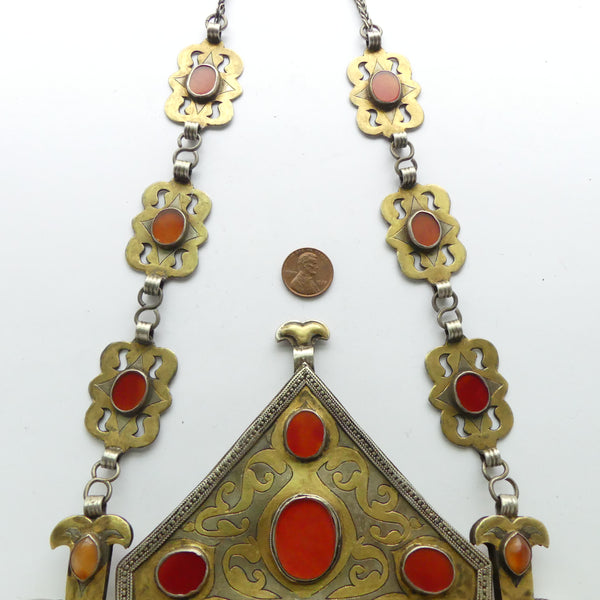 Turkoman Amulet Holder, Fire-gilded Silver with Carnelians