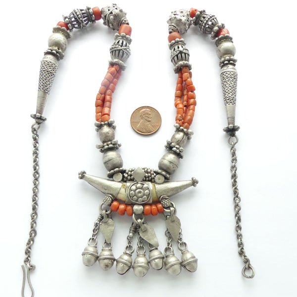 Yemeni Antique Necklace with Animal Tooth Pendant, Coral and Rare Beads