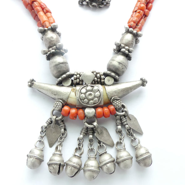 Yemeni Antique Necklace with Animal Tooth Pendant, Coral and Rare Beads