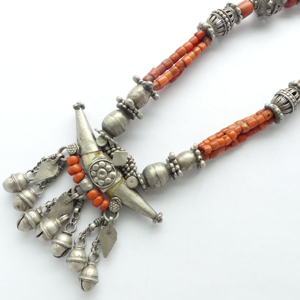 Yemeni Antique Necklace with Animal Tooth Pendant, Coral and Rare Beads