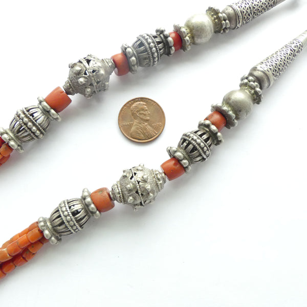 Yemeni Antique Necklace with Animal Tooth Pendant, Coral and Rare Beads