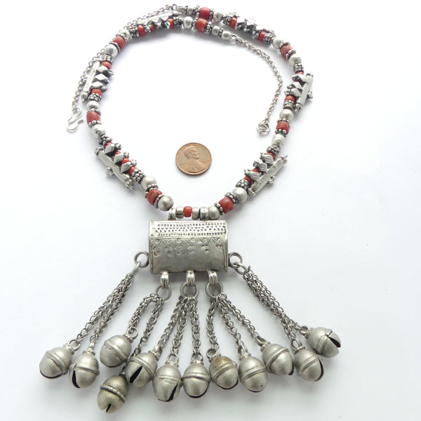 Yemeni Antique Necklace with Coral, Amulet and Bells