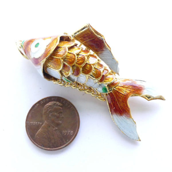 Cloisonne, Vintage Large Articulated Fish Pendant,  Orange, 50mm long