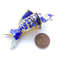 Fish Pendant, Extra Large, Vintage, Articulated Cloisonne, Navy Blue 70mm