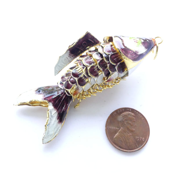 Cloisonne, Vintage, Extra Large Articulated Fish Pendant, Dark Purple, 70mm long