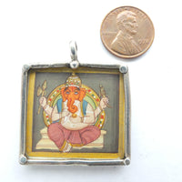 Miniature Painting of Ganesha in Square Silver Frame Pendant