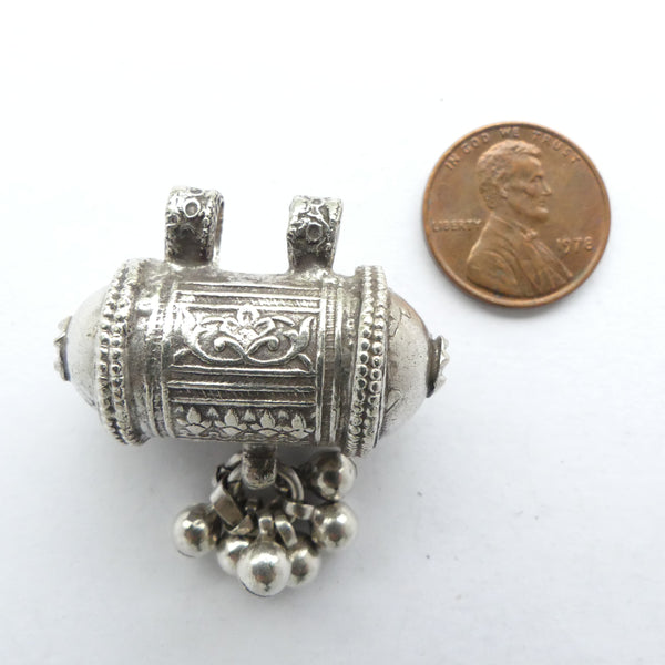 Amulet Case, Bihar Style, Indian Silver with Detailed Floral Decoration & Dangles