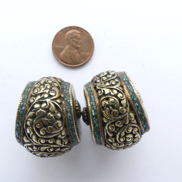 Himalayan Beads Combining Repousse Work, Engraving and Inlay, Sold Individually