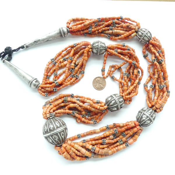 Yemeni Large Antique 10-strand Coral and Silver Necklace