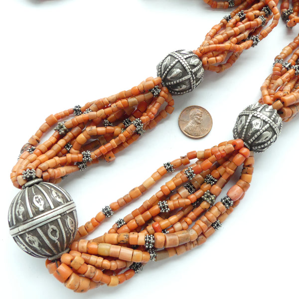 Yemeni Large Antique 10-strand Coral and Silver Necklace