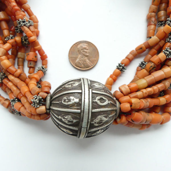 Yemeni Large Antique 10-strand Coral and Silver Necklace