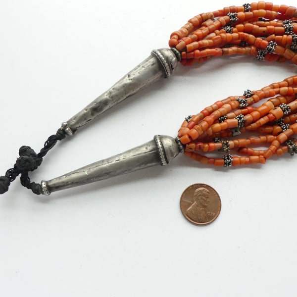 Yemeni Large Antique 10-strand Coral and Silver Necklace