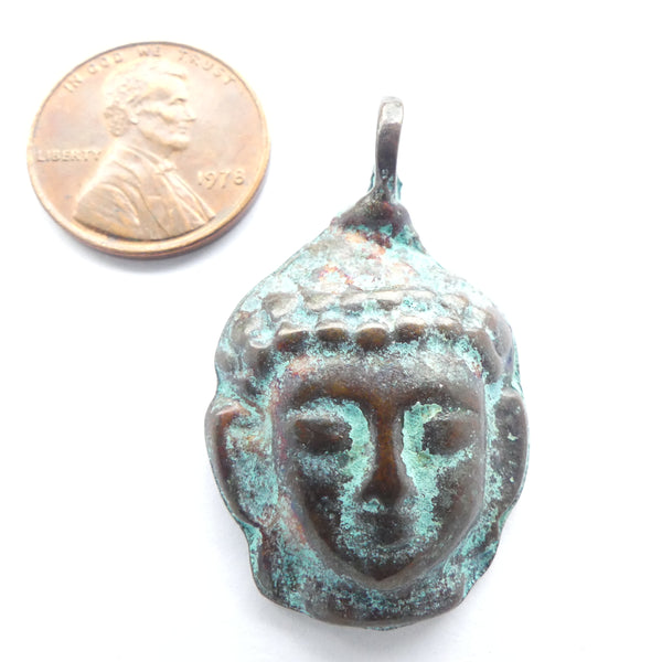 Bronze, Small Buddha Head Pendant with Patina, 35mm