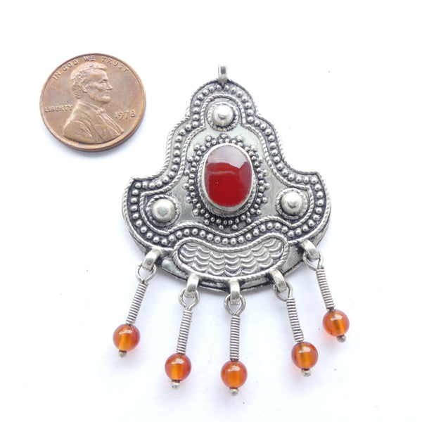 Afghan Silver and Carnelian/Amber Pendant, 45mm Long plus Dangles