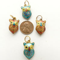Charms, Vintage Enamel Owls, 14x22mm, Set of 4