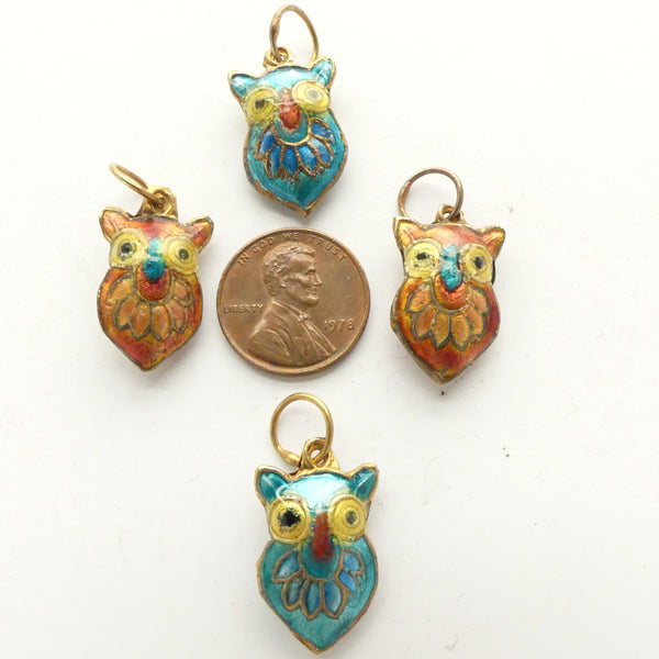 Charms, Vintage Enamel Owls, 14x22mm, Set of 4