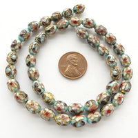 Enamel, Oval 9x7mm Beads, Pink Flowers on Light Turquoise Base, Set of 8