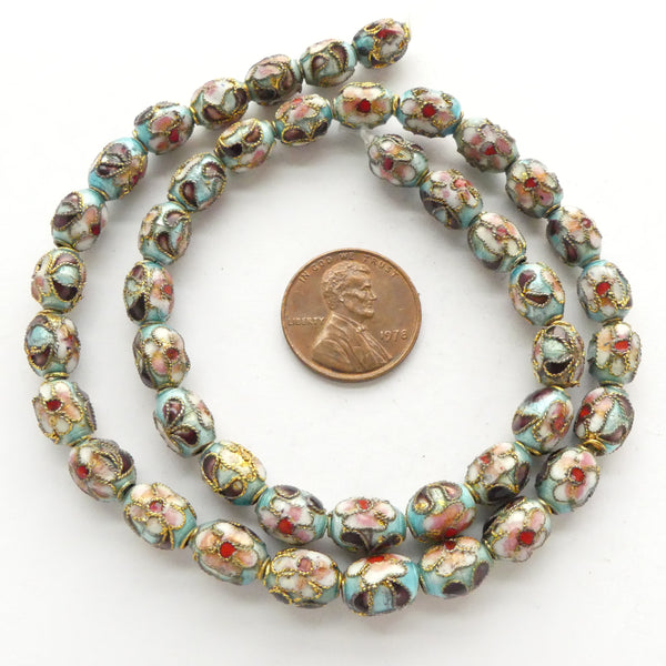 Enamel, Oval 9x7mm Beads, Pink Flowers on Light Turquoise Base, Set of 8
