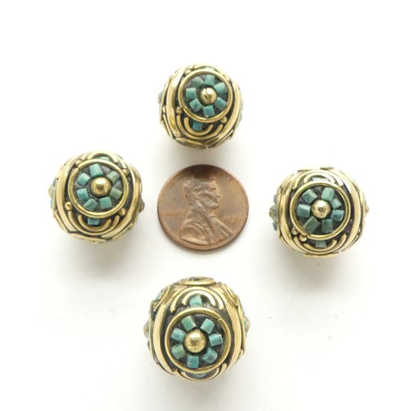 Himalayan Brass Beads, Round 17mm, Inlaid with Turquoise. Sold Individually