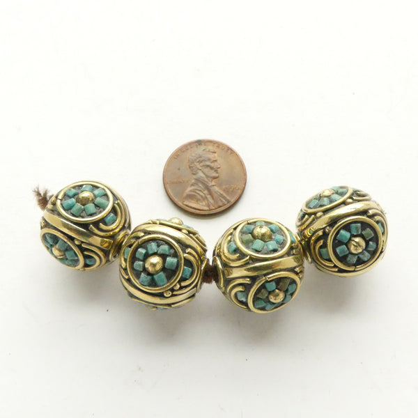 Himalayan Brass Beads, Round 17mm, Inlaid with Turquoise. Sold Individually