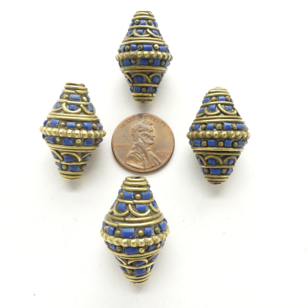 Himalayan Brass Beads, Bicones 28mm Long, Inlaid with Lapis. Sold Individually