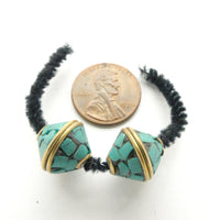 Himalayan Brass Beads, Bi-cone Shape Inlaid with Turquoise, Sold by Pair