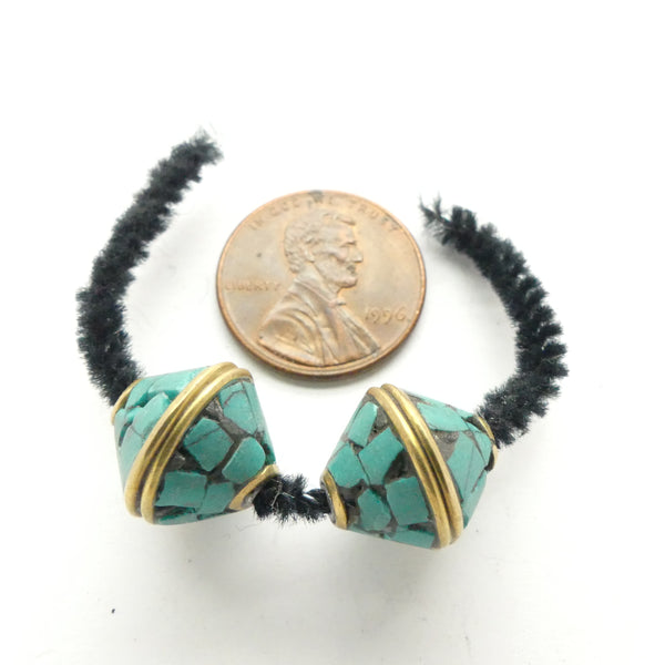 Himalayan Brass Beads, Bi-cone Shape Inlaid with Turquoise, Sold by Pair