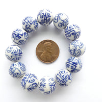 Blue & White Porcelain Round 12mm Stylized Bats and Longevity, Set of 12
