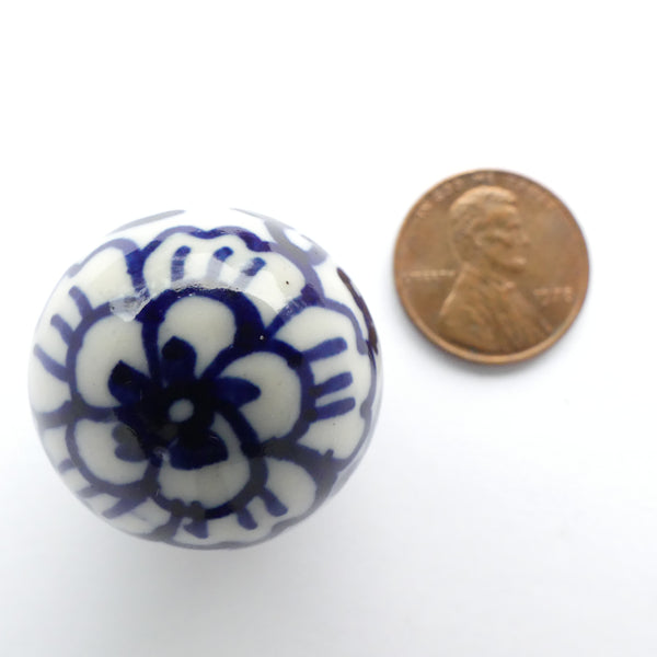 Blue & White Porcelain, Round 26-28mm, Peony Design, X-Large, Sold Individually