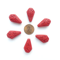 Cinnabar, Flat Teardrop Shape 25x15mm, Auspicous Characters, Set of 6