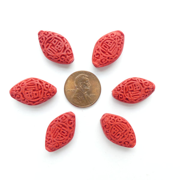 Cinnabar, Flat Diamond 22x17mm, Auspcious Characters, Set of 6