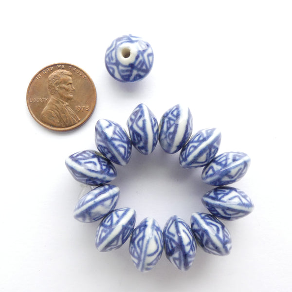 Blue & White Porcelain, Rondelle 9x13mm, Geometric Design, Set of 12