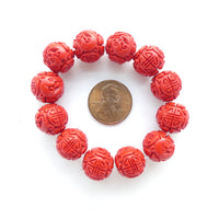 Cinnabar, Round 12mm, Longevity Symbol and Dragon, Set of 12