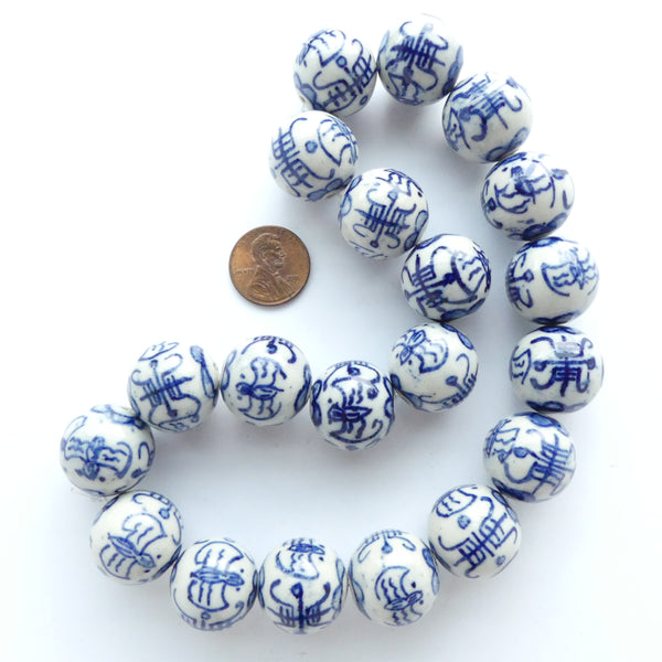 Blue & White Porcelain, Round 20mm, Auspicious Bats Design, Sold Individually