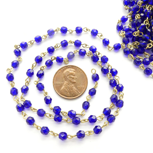 Chain, Brass Rosary Chain with 4mm Cobalt Glass Beads, Sold by the Foot
