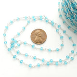 Chain, Rosary, Silver with Aqua Faceted 3mm Crystal Beads, Sold by the Foot
